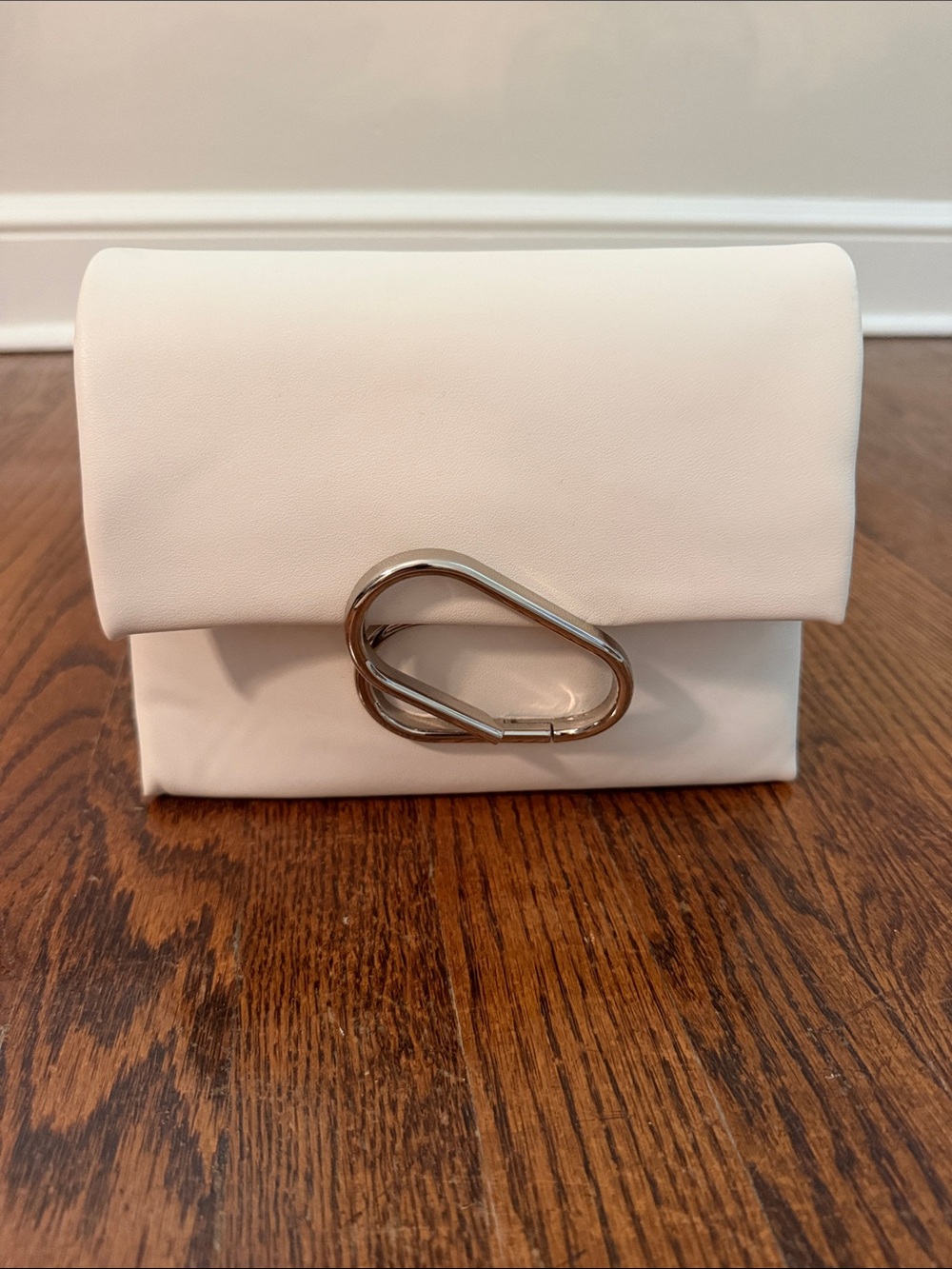 Minimalist White Fold-Over Clutch/Crossbody with Silver Accent and silver chain
